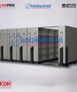 -Mobile File ALBA MF AUM 304 tampak depan -Sistem mobile file roll o pack mekanik gandeng 3 -Konfigurasi mobile file 150 kompartemen -Detail rak arsip dan finishing epoxy powder coating