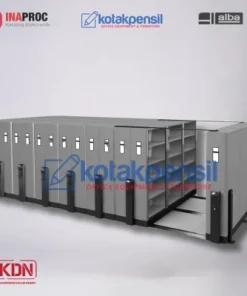 -Mobile File ALBA MF AUM 306 tampak depan -Sistem mobile file roll o pack mekanik gandeng 3 -Konfigurasi mobile file 210 kompartemen -Detail rak arsip dan finishing epoxy powder coating