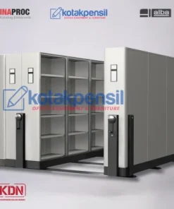 -Mobile File ALBA MF AUM 301 tampak keseluruhan -Sistem Roll O Pack mekanik ALBA gandeng 3 baris -Konfigurasi mobile file 60 kompartemen -Detail rak arsip dan finishing epoxy powder coating